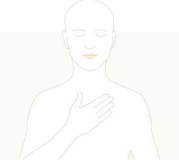 Linjeteckning av en person med handen på bröstet, med läpparna framhävda.