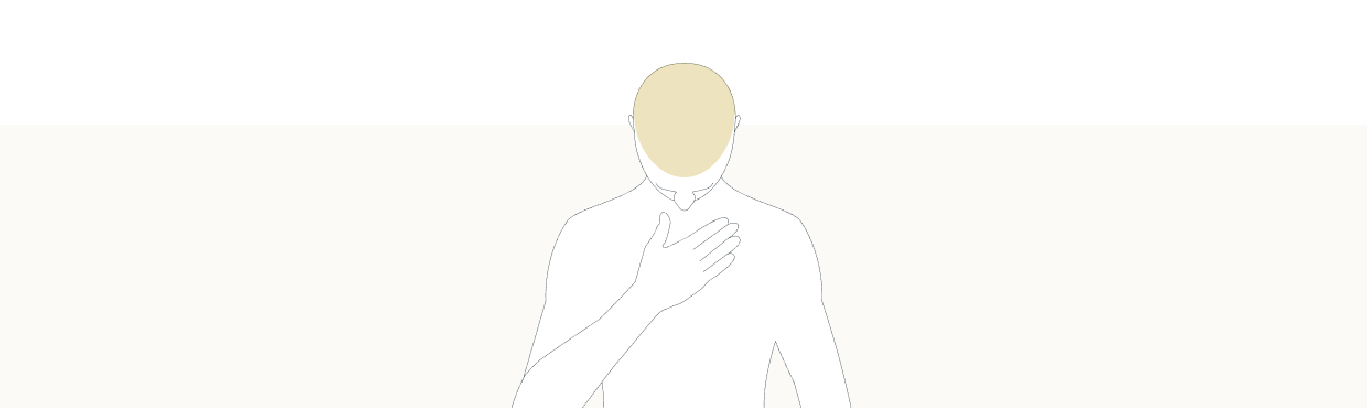 Linjeteckning av en person med handen på bröstet och huvudet nedåt, med huvudet framhävt.