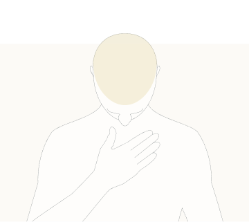 Linjeteckning av en person med handen på bröstet och huvudet nedåt, med huvudet framhävt.